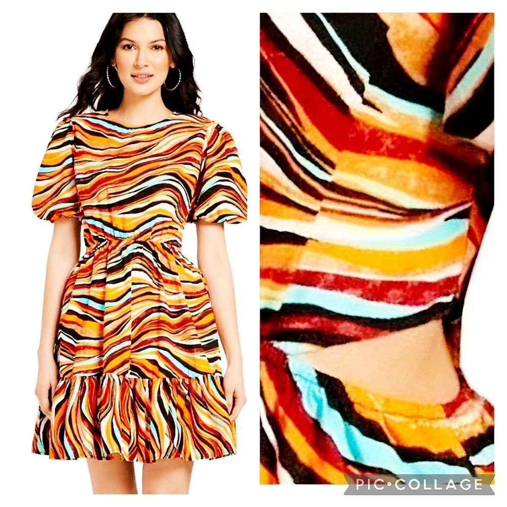 NWT NY&Company Women’s Puff Sleeve Cut Out Poplin MultiColor Dress Size Large